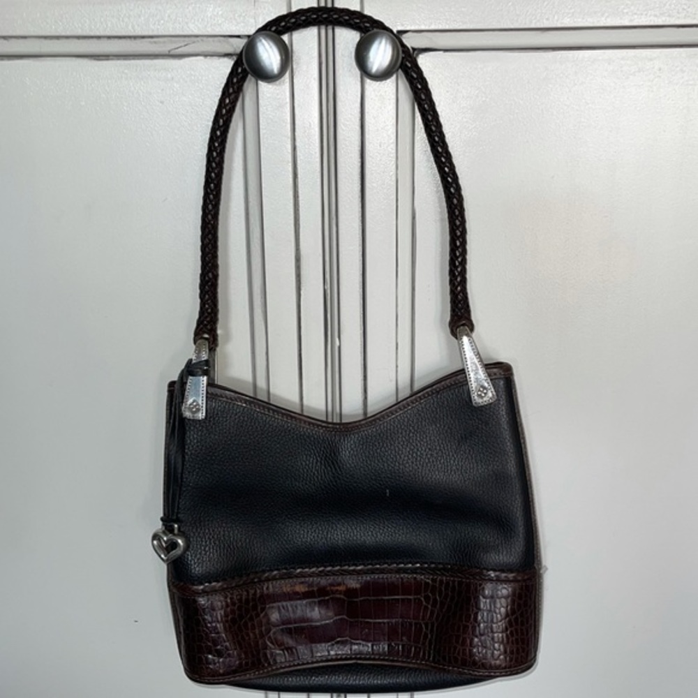 Brighton black brown pebbled croc leather satchel shoulder bag